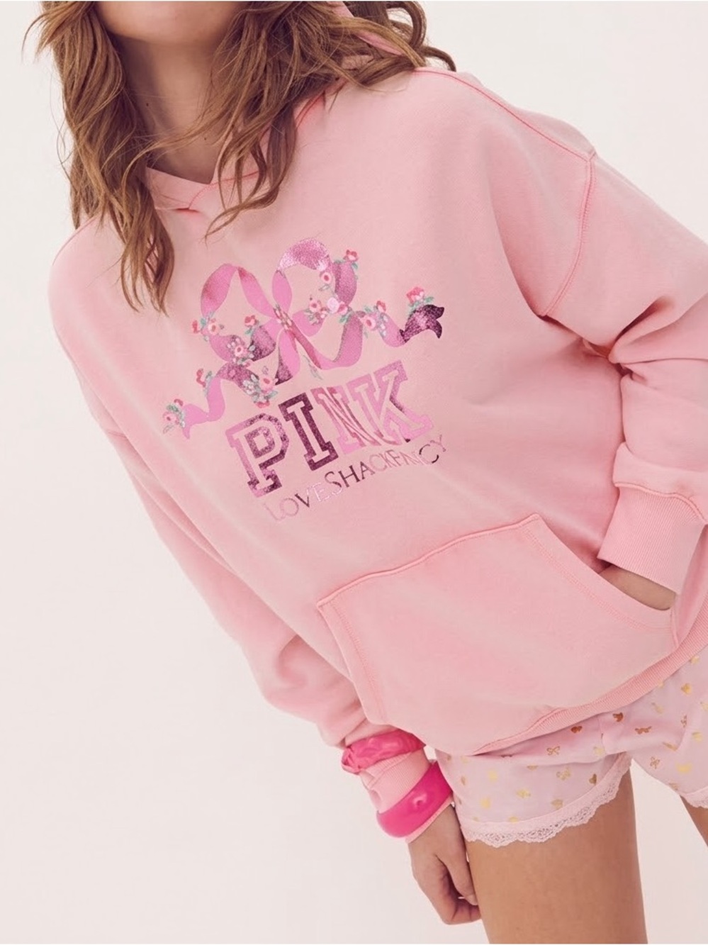 PINK x LoveShackFancy Ivy Fleece Hoodie L Pink Lollipop Wash Bow Oversized